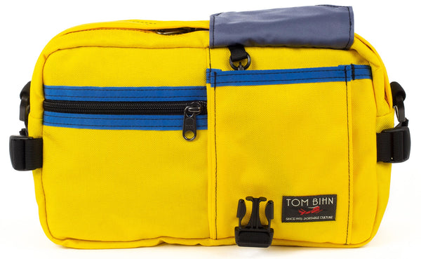 The LGD in Canary/Royal/Dawn. Front view, front buckle pocket lifted up to show the Dawn lining.
